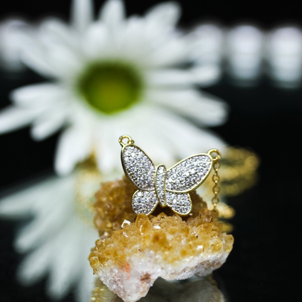 18KT Gold Dipped White CZ Pave Butterfly Necklace - Picture 3 of 8